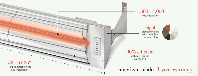 Infratech W-Series 3,000W 61.25" Outdoor Electric Patio Heater – Single Element, Marine Grade, 208V/240V/277V/480V