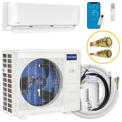 Air conditioning unit with accessories including a smartphone app, hoses, and tools on a white background.