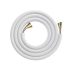 White garden hose with brass connectors on a white background